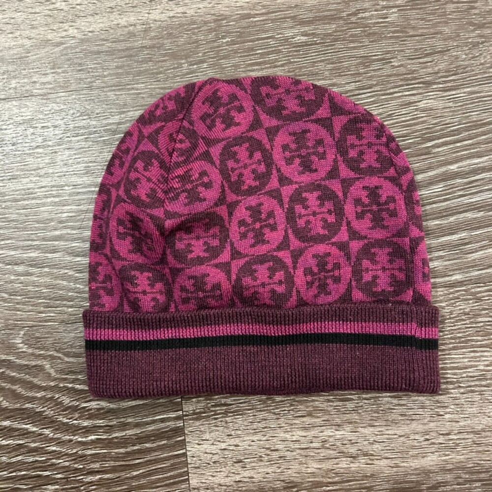 Tory Burch Purple and Pink Knit Beanie Hat